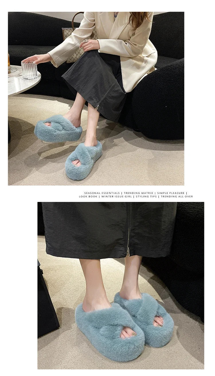 Woman Furry Ladies Faux Fur Luxury Fluffy Plush Slipper House Fuzzy Girl Platform Indoor Flat Casual sandals Round Toe Winter