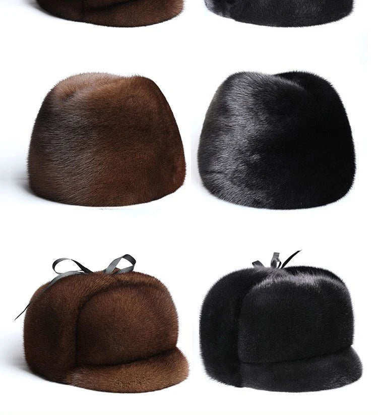 Winter Thickened Genuine Mink Fur Bomber Hat For Man Black/Brown Tag Elderly Ear Warm Chapeau Motorcycle Russian Style Mink Caps