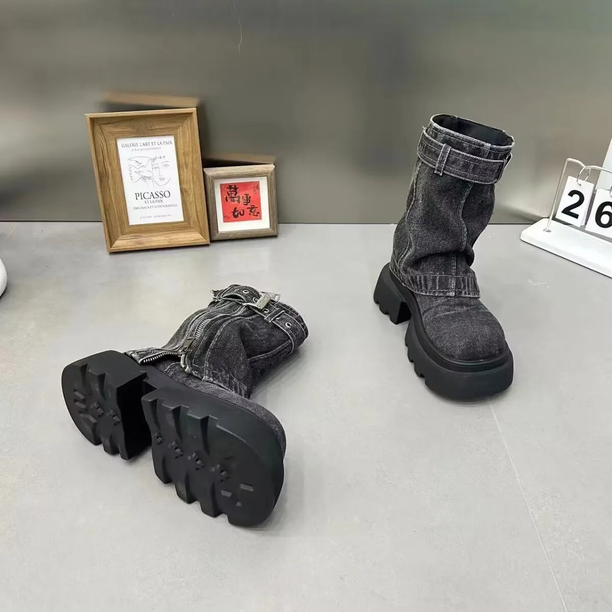 Denim Women Boots for Cowboy Mid-calf Boots Zipper Ladies Platform Boots Mid Heels Designer Shoes 2024 Motorcycle Boot Zapatos