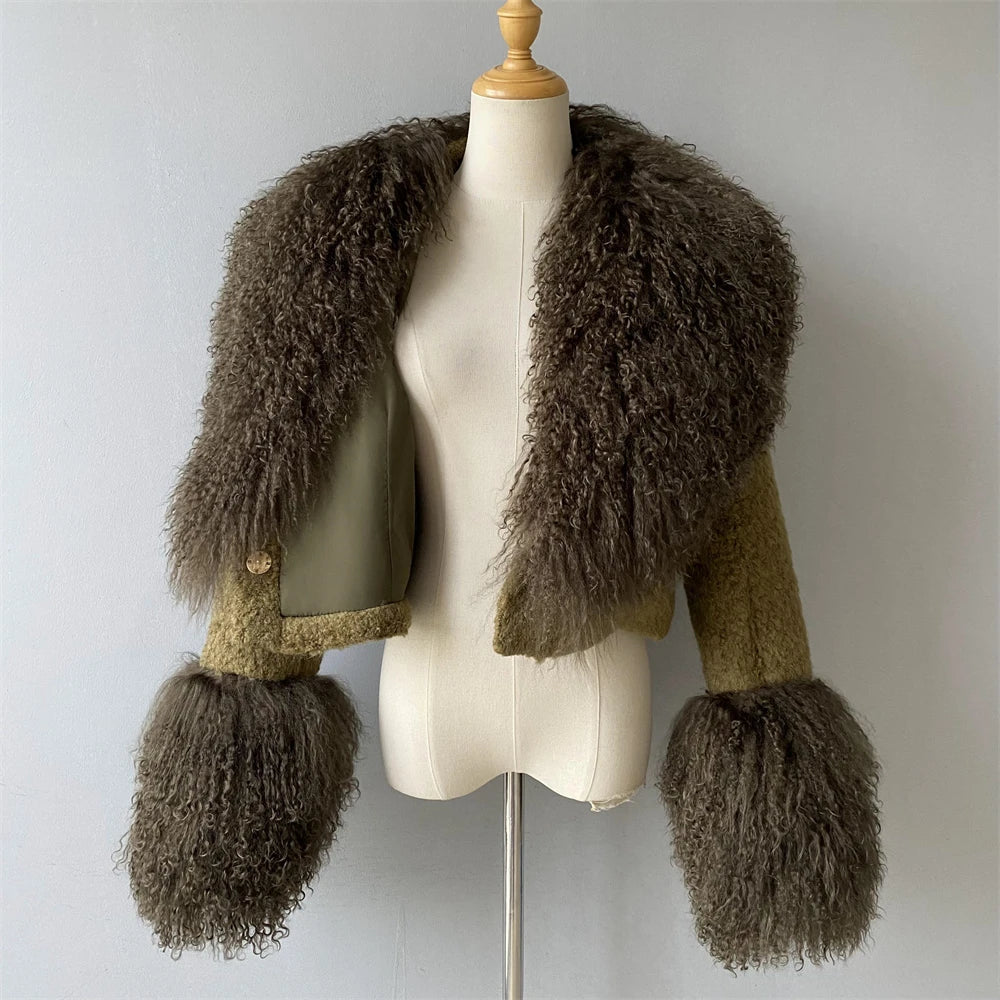 Jxwatcher Wool Coat for Women Real Mongolian Fur Collar Cuffs Winter Fashion Solid Color Tweed Cropped Jacket Fall New Arrival