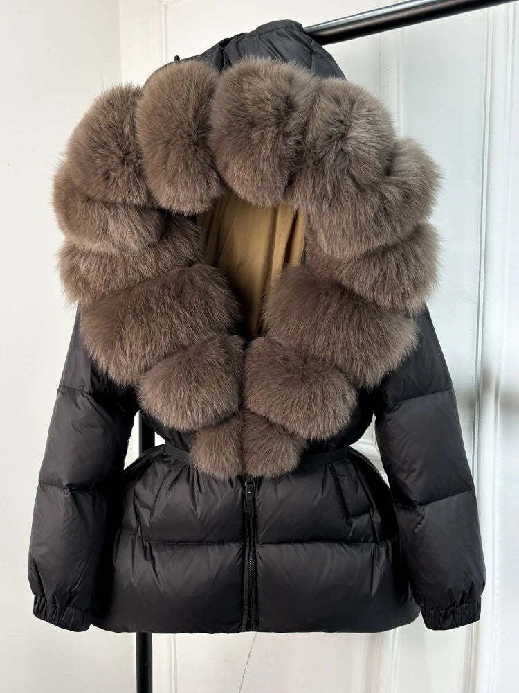 Real Fox Fur Puffer Hooded Coat. Thick Warm Waterptoof