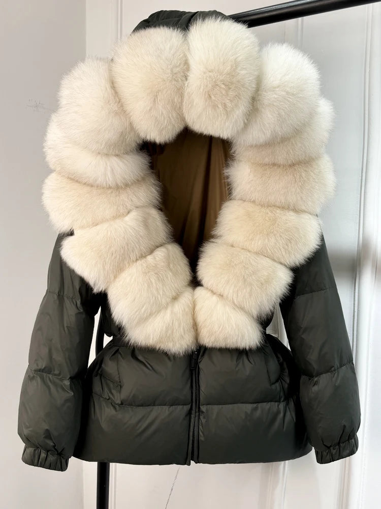 Real Fox Fur Puffer Hooded Coat. Thick Warm Waterptoof