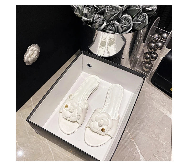 High End Luxury Flower Slippers Women Camellia Shoes Open Toe Slides Femme Outside&Home Pantuflas Sandals Ladies Flip Flops