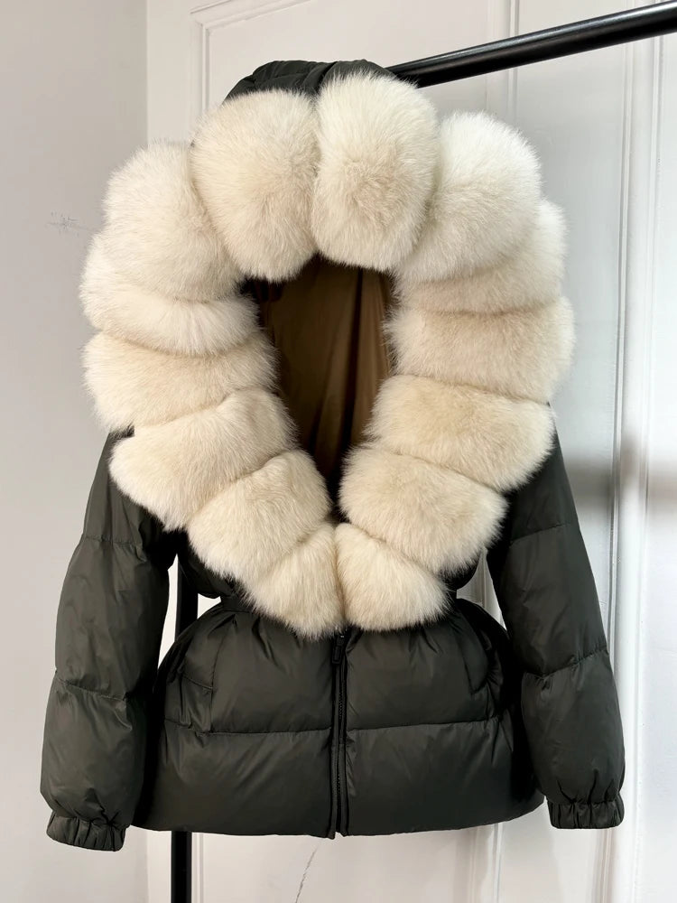 Real Fox Fur Puffer Hooded Coat. Thick Warm Waterptoof