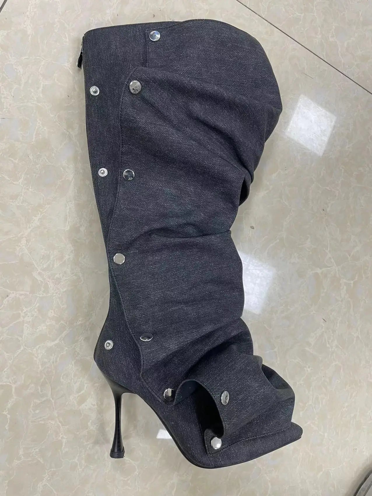 High Heel Long Boots for Women Botte Winter Boots Shoes Botas Mujer Thin Heeled Pointed Denim Metal Button Shoe Zapatos De Mujer