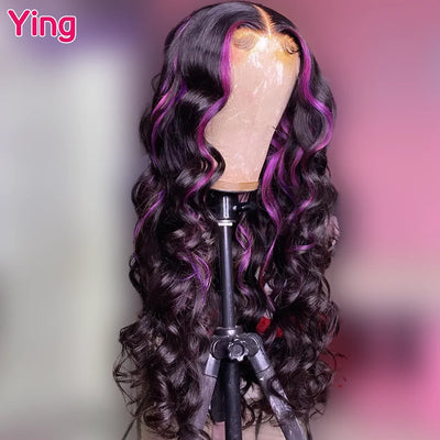Ying Highlight Purple Colored 13X6 Body Wave Human Hair Lace Frontal Wigs 180% Brazilian Remy 13x4 Transparent Lace Front Wig