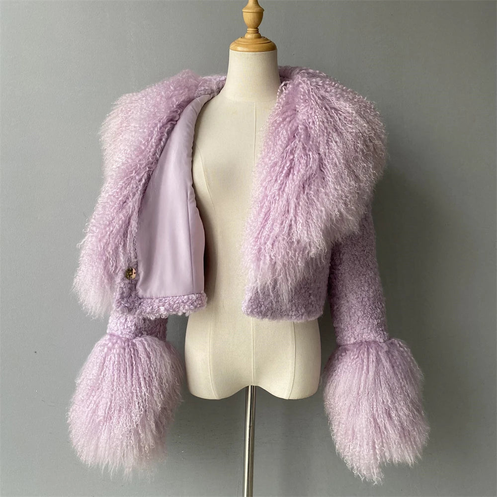 Jxwatcher Wool Coat for Women Real Mongolian Fur Collar Cuffs Winter Fashion Solid Color Tweed Cropped Jacket Fall New Arrival