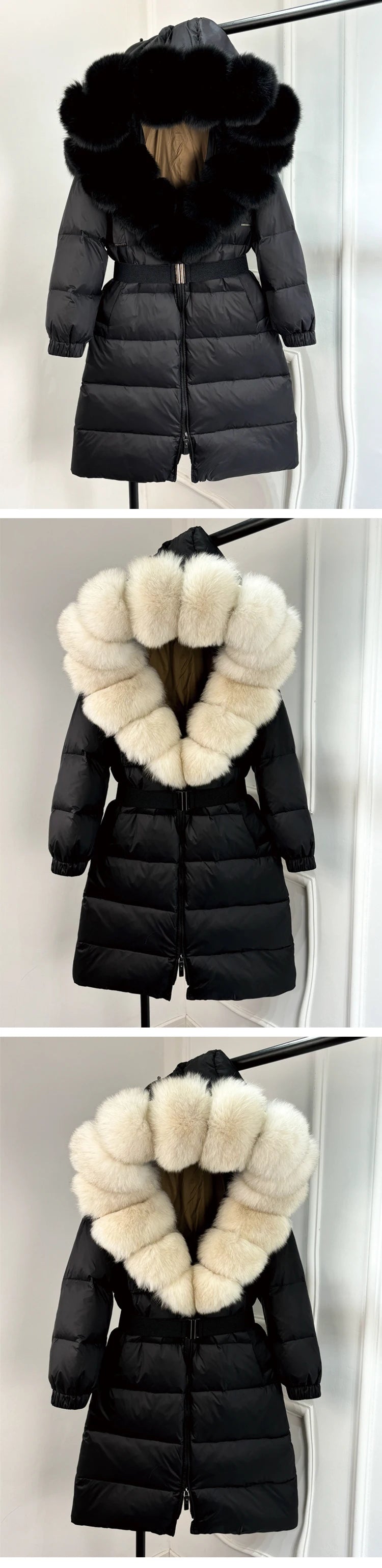 Long Winter Coat. Real Big Fox Fur Collar Belt Loose Puffer