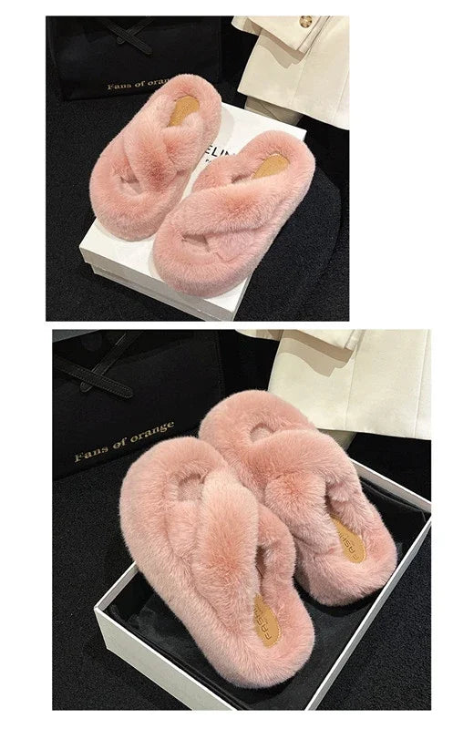 Woman Furry Ladies Faux Fur Luxury Fluffy Plush Slipper House Fuzzy Girl Platform Indoor Flat Casual sandals Round Toe Winter