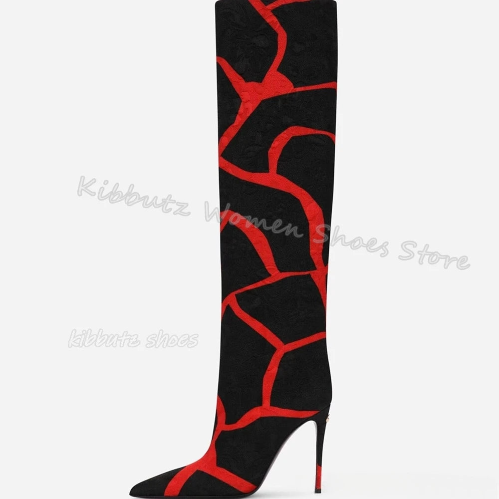 Zebra Print Knee High Boots Genuine Leather Mixed Color Slip-On Elegant Concise Fashion Women Shoes New Pointed Toe Thin Heels