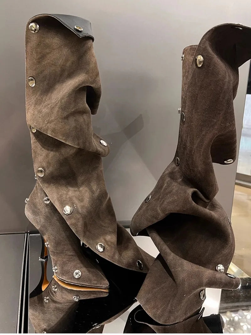 High Heel Long Boots for Women Botte Winter Boots Shoes Botas Mujer Thin Heeled Pointed Denim Metal Button Shoe Zapatos De Mujer