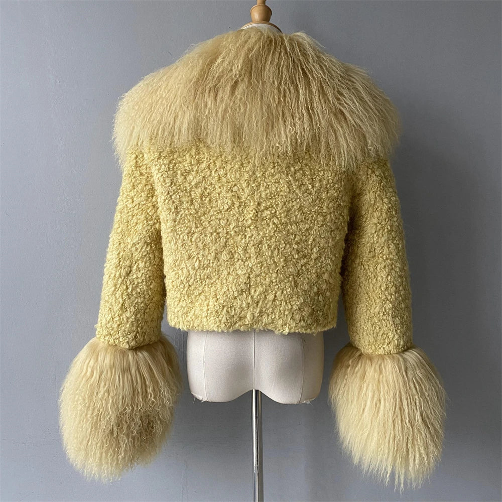 Jxwatcher Wool Coat for Women Real Mongolian Fur Collar Cuffs Winter Fashion Solid Color Tweed Cropped Jacket Fall New Arrival