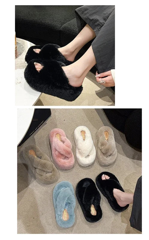 Woman Furry Ladies Faux Fur Luxury Fluffy Plush Slipper House Fuzzy Girl Platform Indoor Flat Casual sandals Round Toe Winter