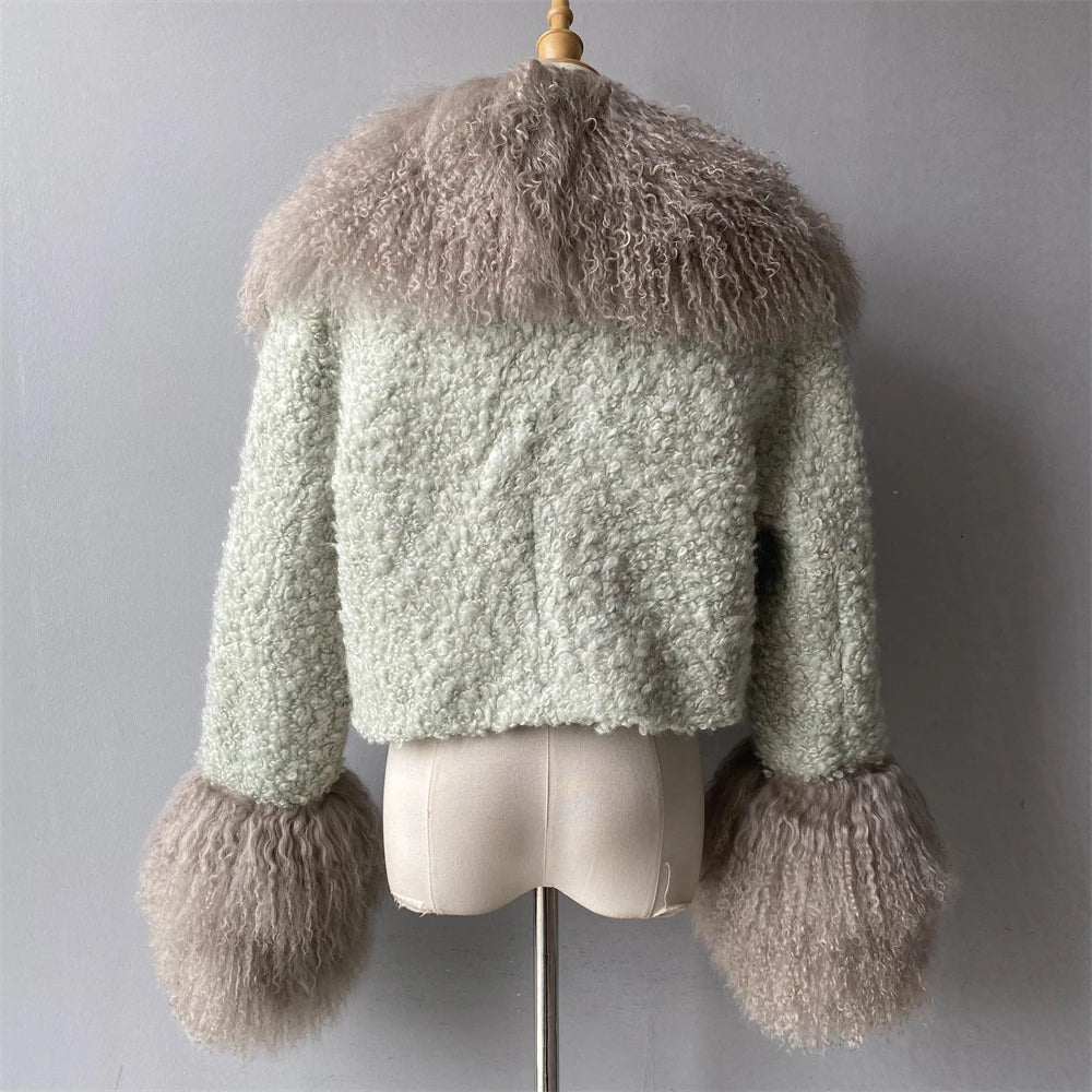Jxwatcher Wool Coat for Women Real Mongolian Fur Collar Cuffs Winter Fashion Solid Color Tweed Cropped Jacket Fall New Arrival