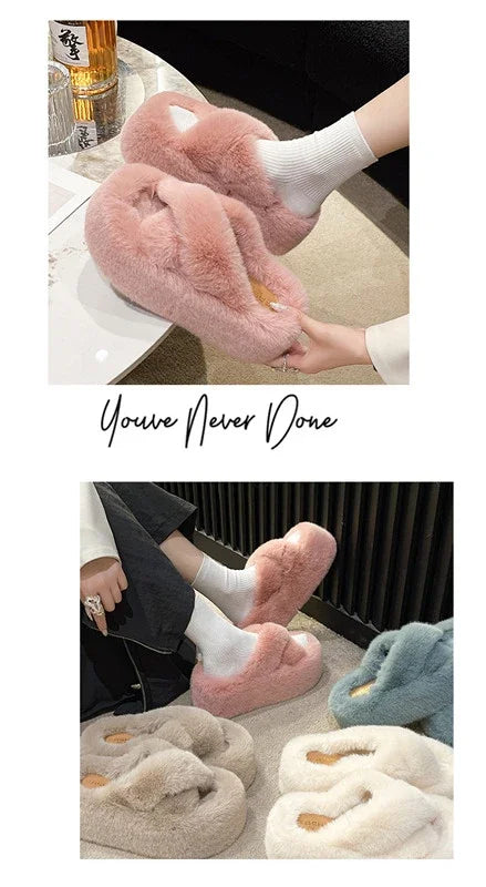Woman Furry Ladies Faux Fur Luxury Fluffy Plush Slipper House Fuzzy Girl Platform Indoor Flat Casual sandals Round Toe Winter