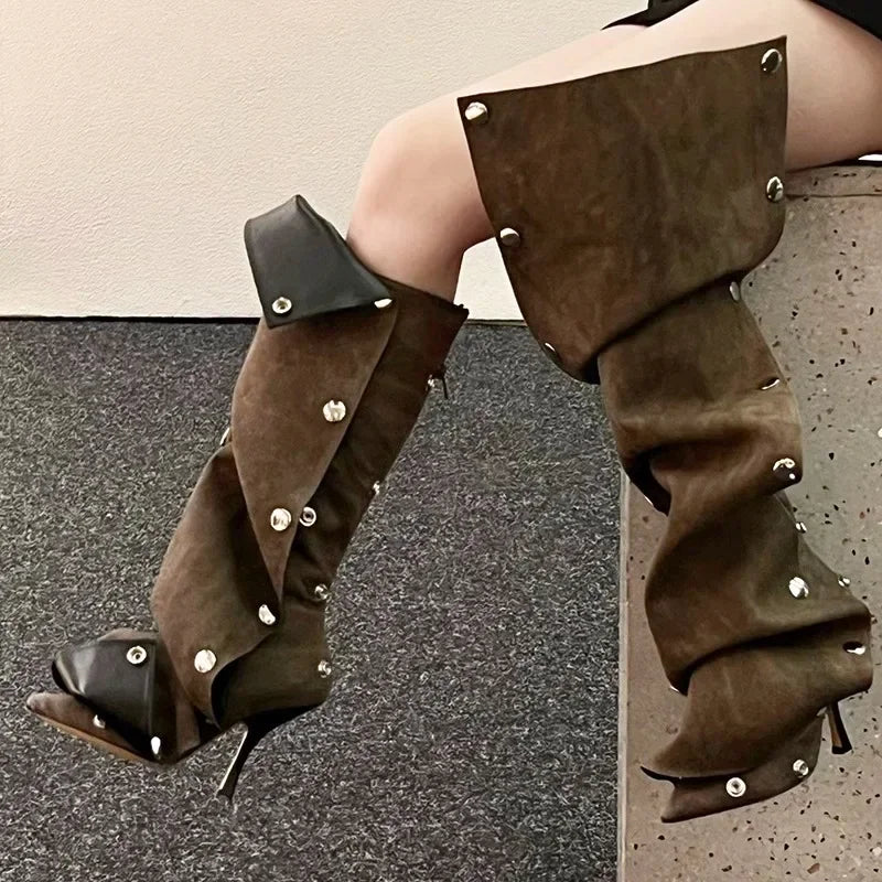 High Heel Long Boots for Women Botte Winter Boots Shoes Botas Mujer Thin Heeled Pointed Denim Metal Button Shoe Zapatos De Mujer