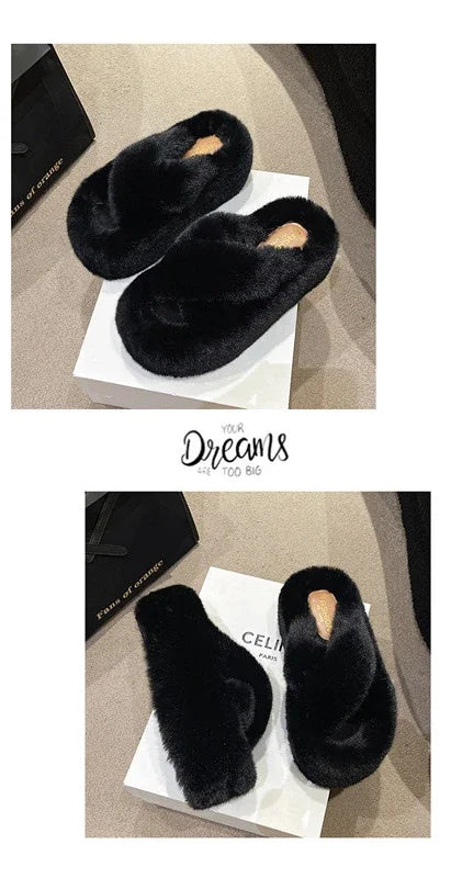 Woman Furry Ladies Faux Fur Luxury Fluffy Plush Slipper House Fuzzy Girl Platform Indoor Flat Casual sandals Round Toe Winter