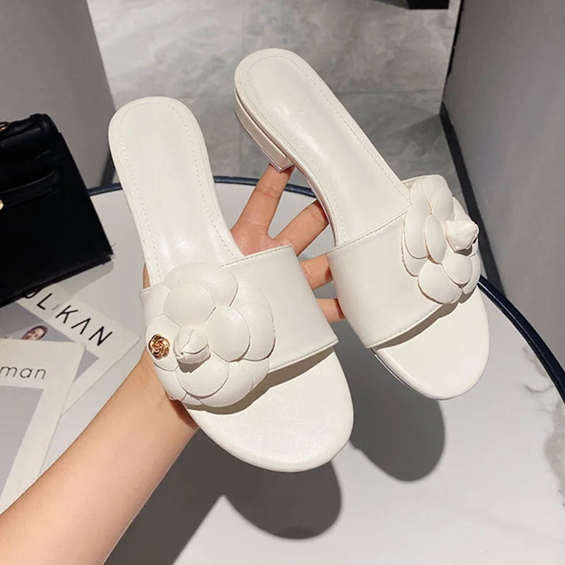 High End Luxury Flower Slippers Women Camellia Shoes Open Toe Slides Femme Outside&Home Pantuflas Sandals Ladies Flip Flops