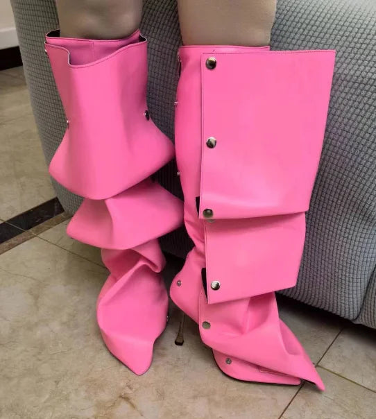 High Heel Long Boots for Women Botte Winter Boots Shoes Botas Mujer Thin Heeled Pointed Denim Metal Button Shoe Zapatos De Mujer
