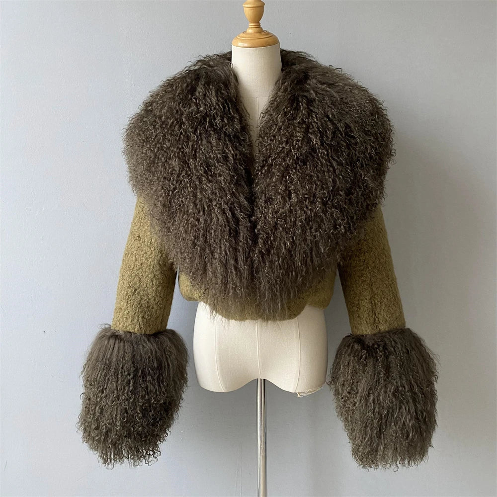 Jxwatcher Wool Coat for Women Real Mongolian Fur Collar Cuffs Winter Fashion Solid Color Tweed Cropped Jacket Fall New Arrival