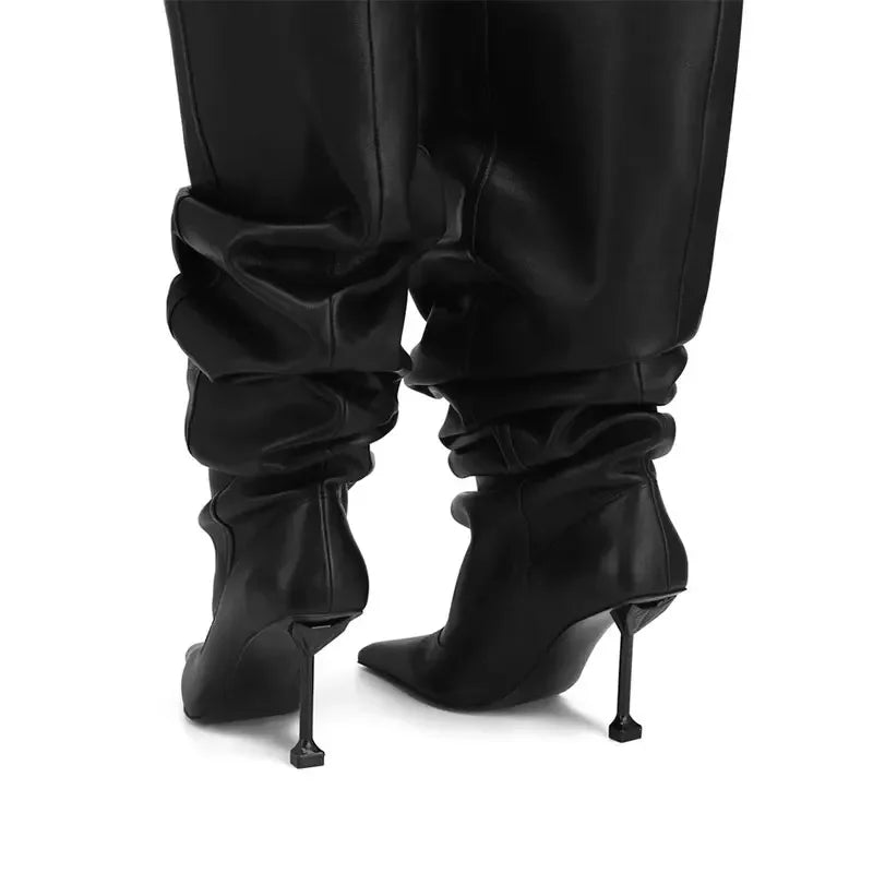 European and American Autumn and Winter High-heeled Knee Length Pleated Boots, Fashionable Pointed Sleeve, Plus Size for Women