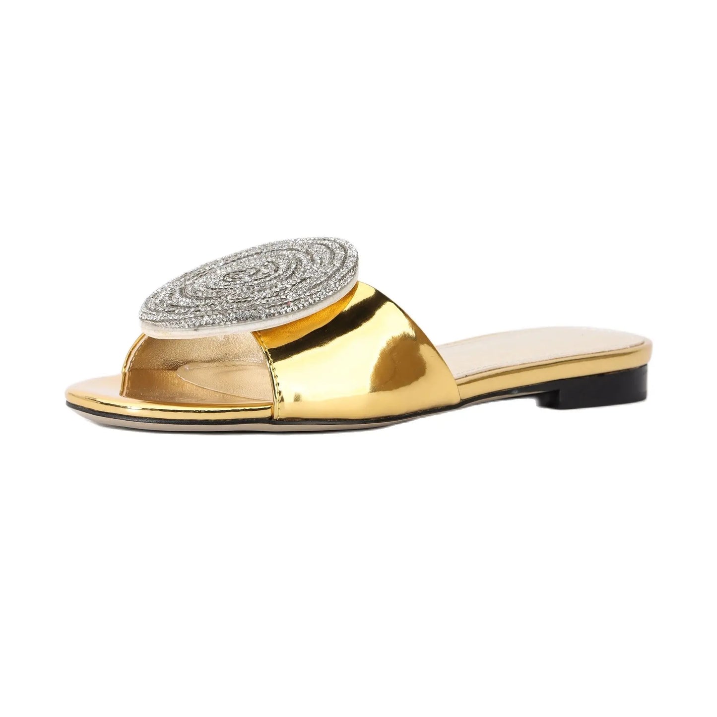 Fashion Design Women Flat Sandals 2023 Summer High Quality Women Gold Rhinestone Modern Slippers For Wedding Dress Party Shoes