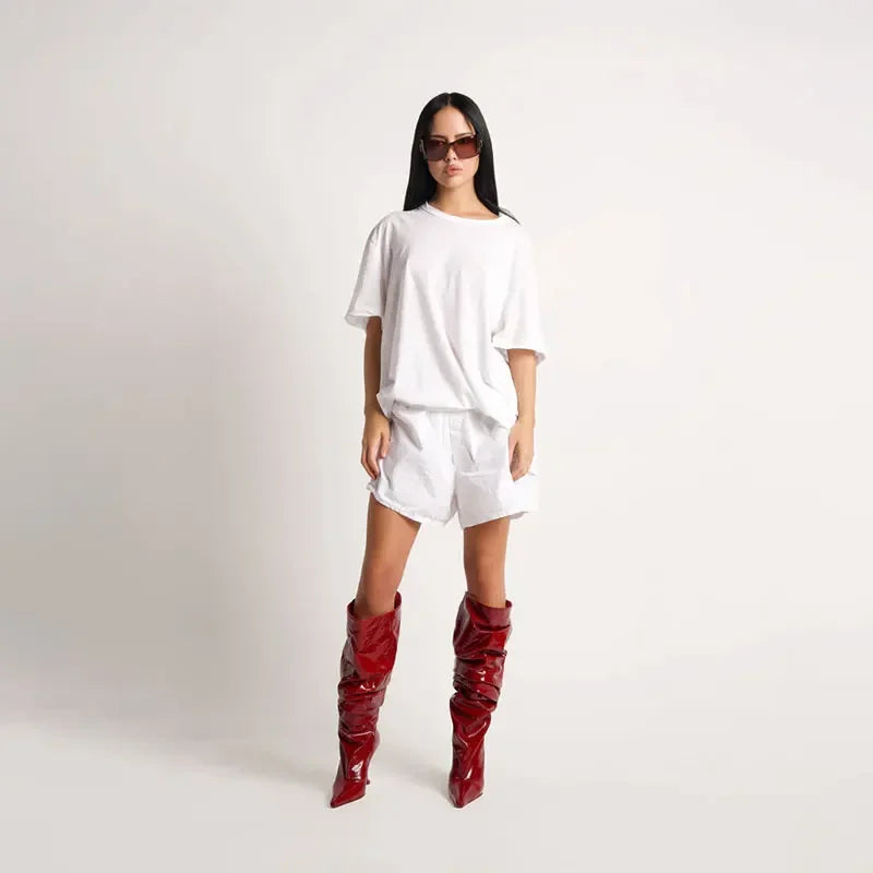 European and American Autumn and Winter High-heeled Knee Length Pleated Boots, Fashionable Pointed Sleeve, Plus Size for Women