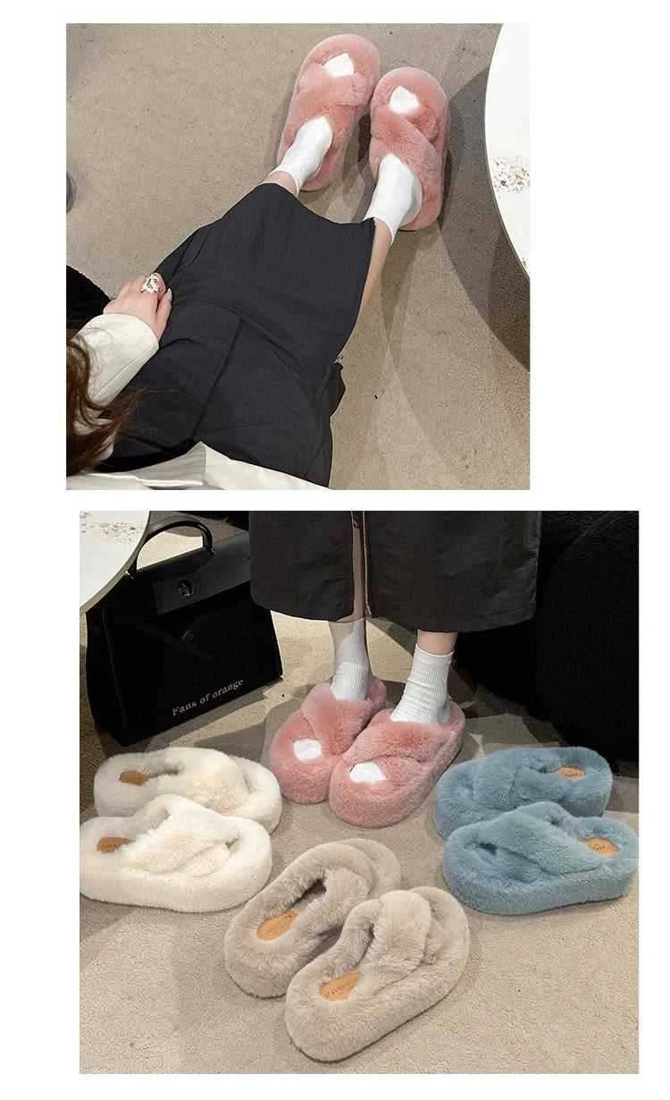 Woman Furry Ladies Faux Fur Luxury Fluffy Plush Slipper House Fuzzy Girl Platform Indoor Flat Casual sandals Round Toe Winter