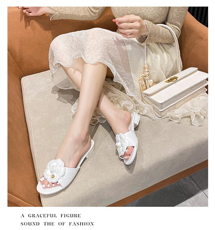 High End Luxury Flower Slippers Women Camellia Shoes Open Toe Slides Femme Outside&Home Pantuflas Sandals Ladies Flip Flops
