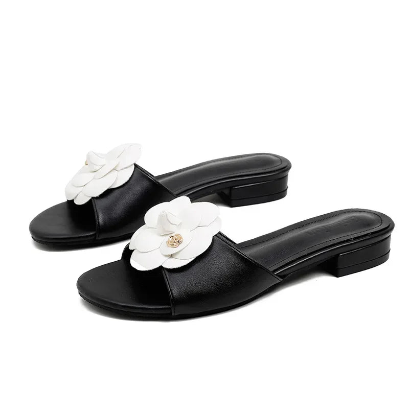 High End Luxury Flower Slippers Women Camellia Shoes Open Toe Slides Femme Outside&Home Pantuflas Sandals Ladies Flip Flops
