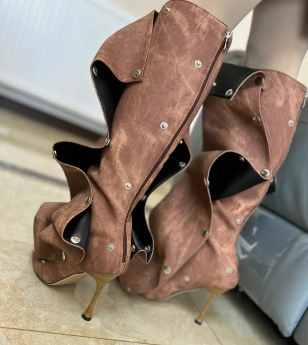 High Heel Long Boots for Women Botte Winter Boots Shoes Botas Mujer Thin Heeled Pointed Denim Metal Button Shoe Zapatos De Mujer