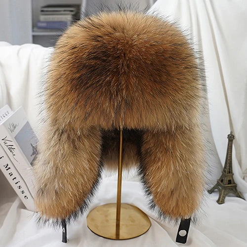 100% Real Silver Fox Fur Bomber Hat Raccoon Fur Real Leather