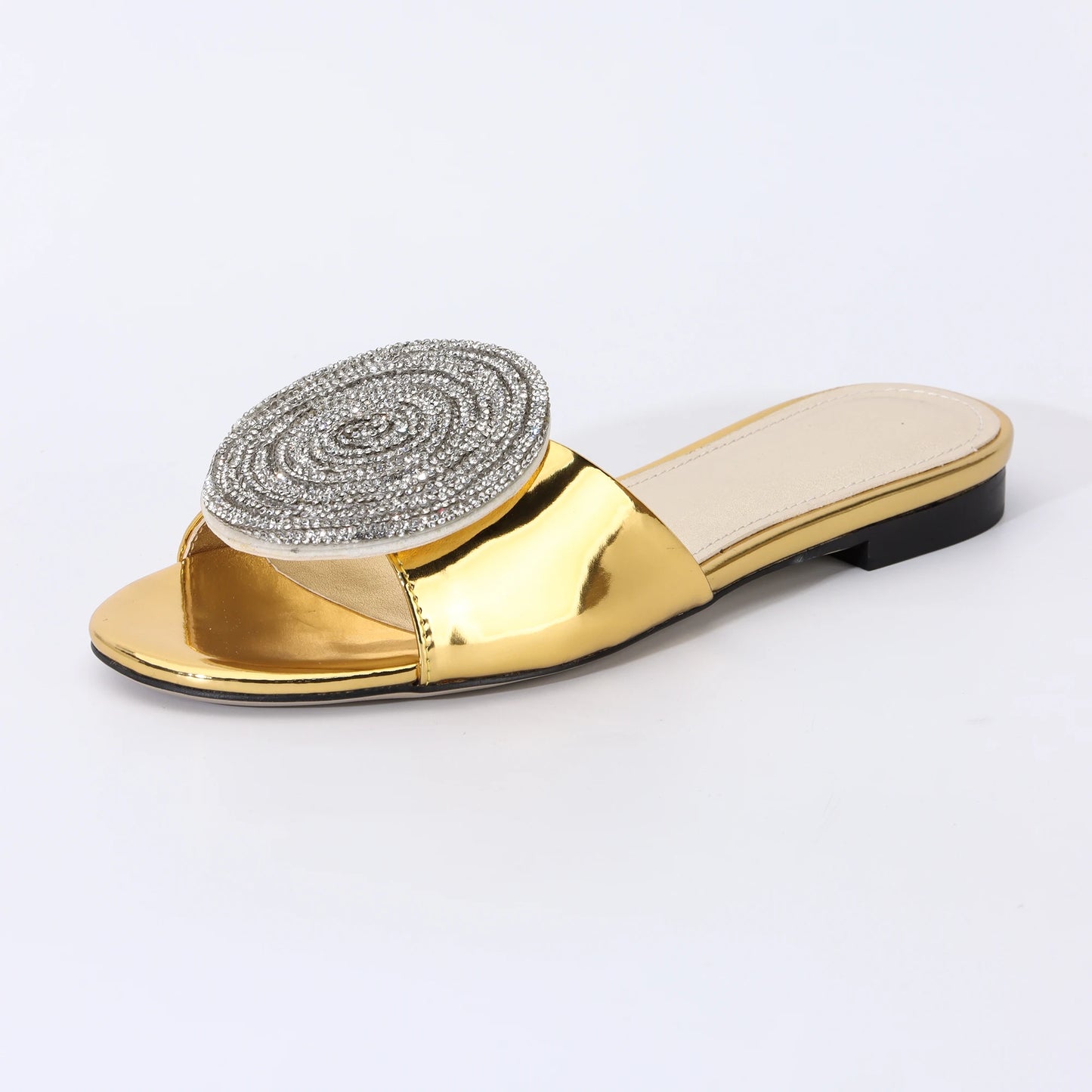 Fashion Design Women Flat Sandals 2023 Summer High Quality Women Gold Rhinestone Modern Slippers For Wedding Dress Party Shoes