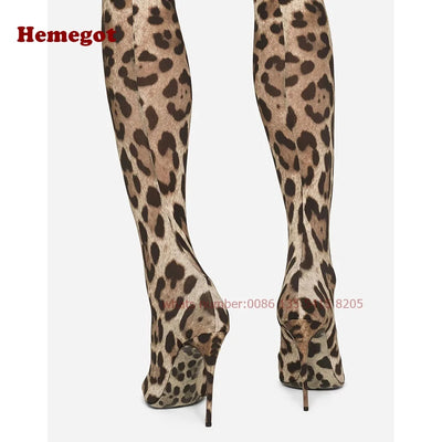 Leopard Elastic Boots Pointy Toe Thigh High Sock Women's Boots Stiletto Heels Casual Runway Party Shoes Casual 2024 Winter Sexy