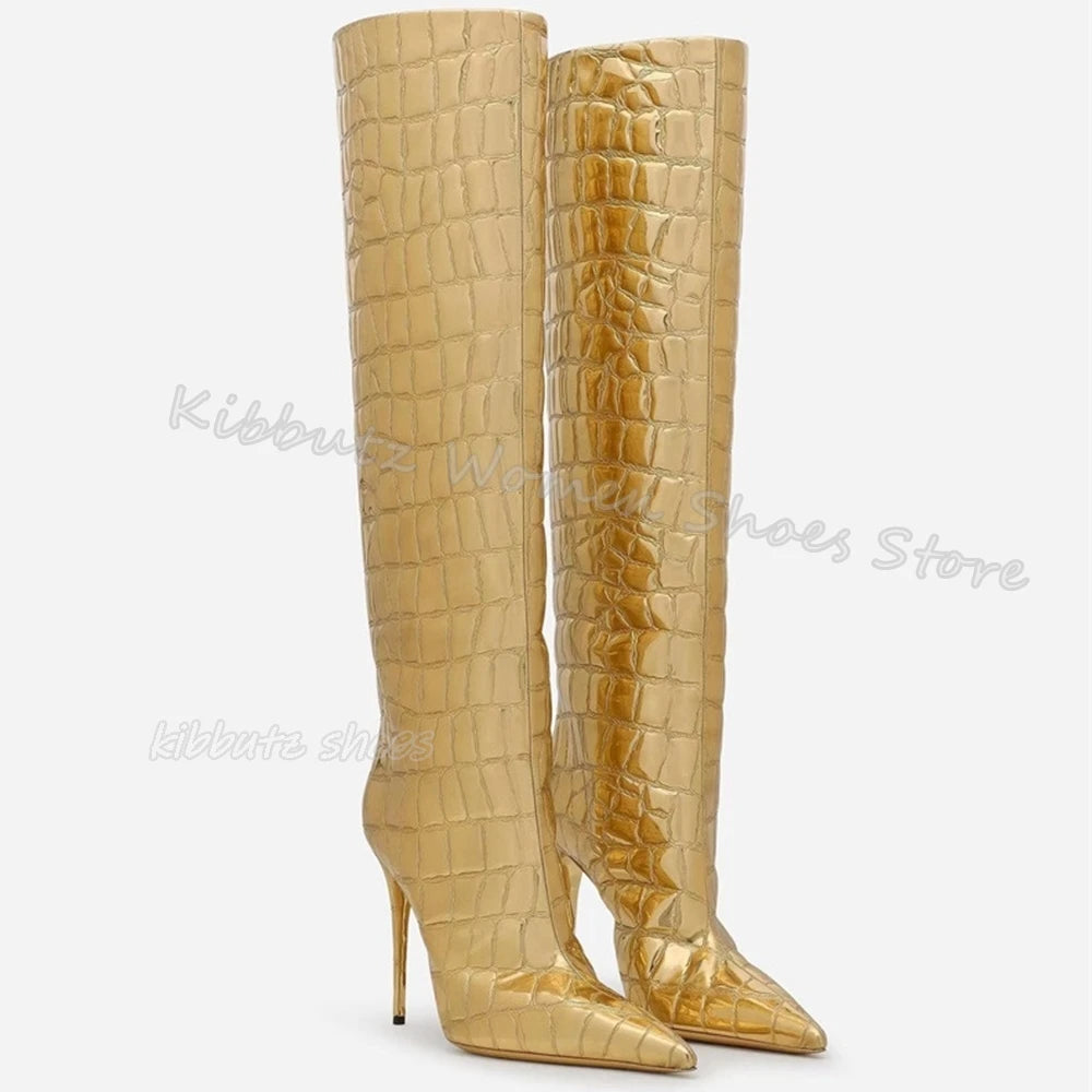 Zebra Print Knee High Boots Genuine Leather Mixed Color Slip-On Elegant Concise Fashion Women Shoes New Pointed Toe Thin Heels