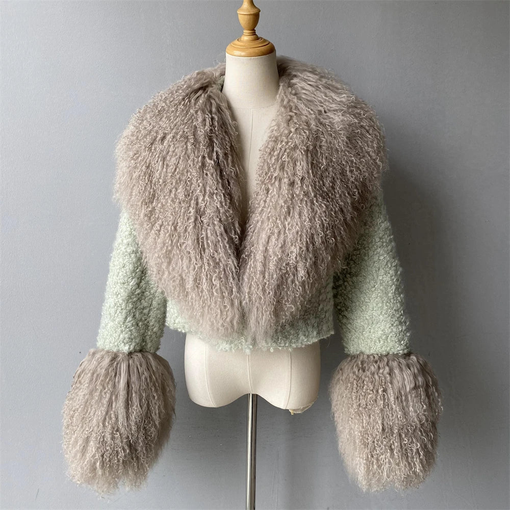 Jxwatcher Wool Coat for Women Real Mongolian Fur Collar Cuffs Winter Fashion Solid Color Tweed Cropped Jacket Fall New Arrival
