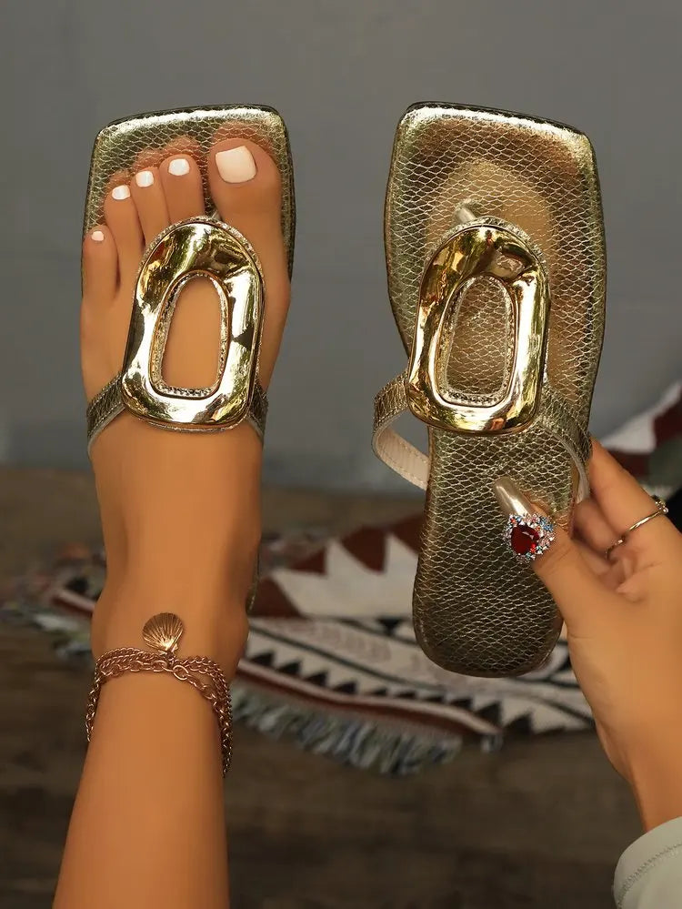 Wine Red Fashion Metal Footwear Women Slippers Flip Flops Summer Beach Female Slides Slippers Luxury Ladies Flats Sandals Shoes