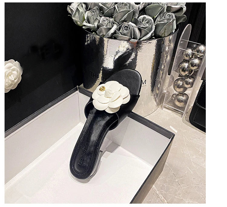 High End Luxury Flower Slippers Women Camellia Shoes Open Toe Slides Femme Outside&Home Pantuflas Sandals Ladies Flip Flops