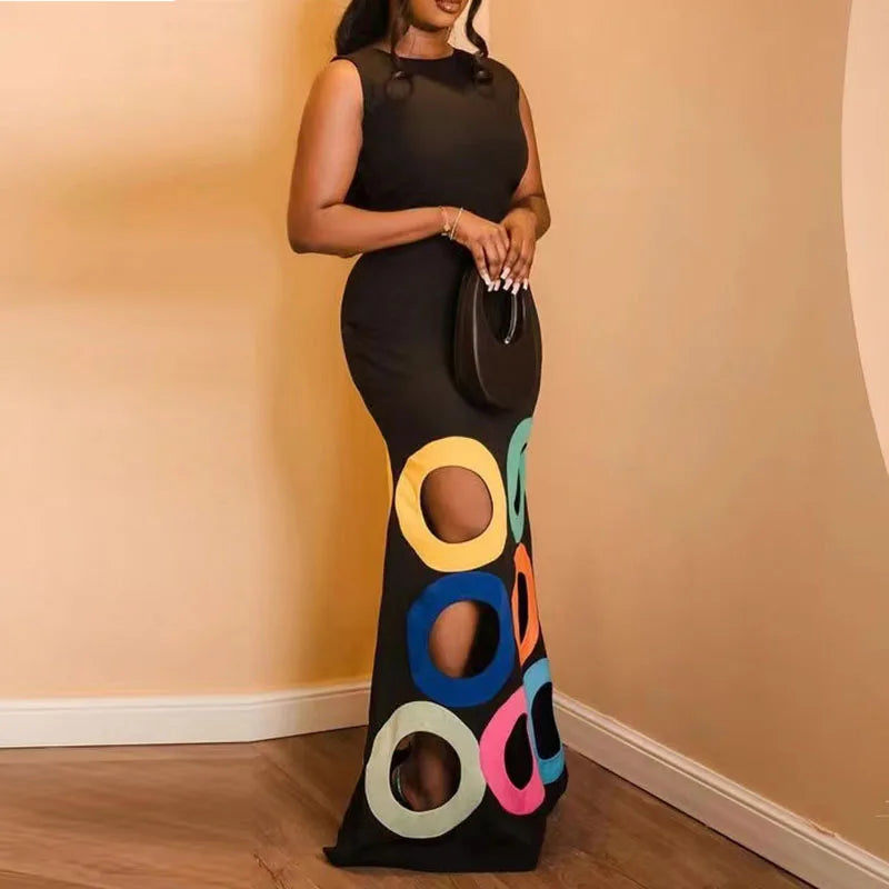 Sexy Hollow Patchwork Colorful Dot Long Dresses Elegant Women O Neck Slim A-Line Party Dress Spring Summer Sleeveless Maxi Dress