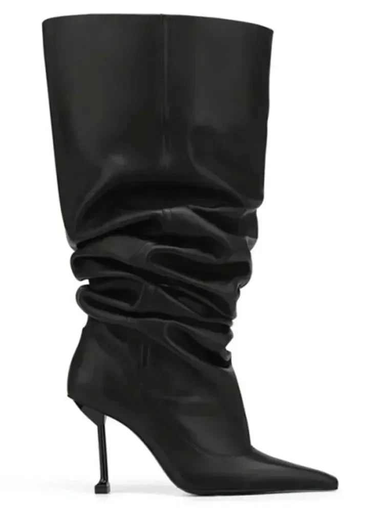 European and American Autumn and Winter High-heeled Knee Length Pleated Boots, Fashionable Pointed Sleeve, Plus Size for Women