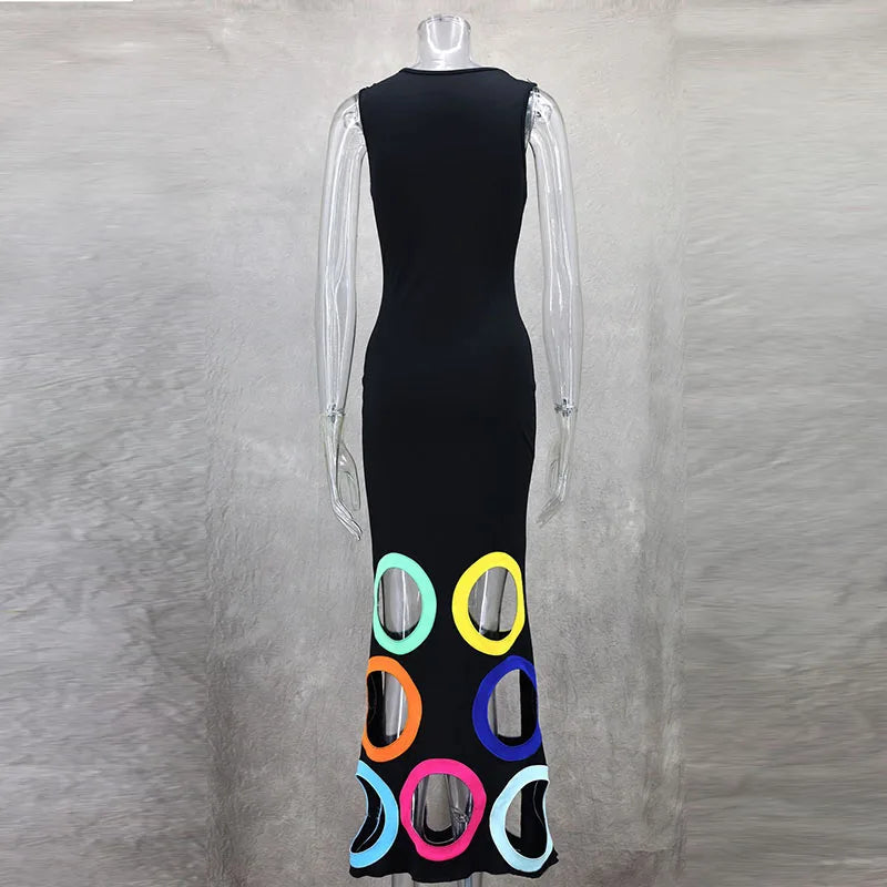Sexy Hollow Patchwork Colorful Dot Long Dresses Elegant Women O Neck Slim A-Line Party Dress Spring Summer Sleeveless Maxi Dress