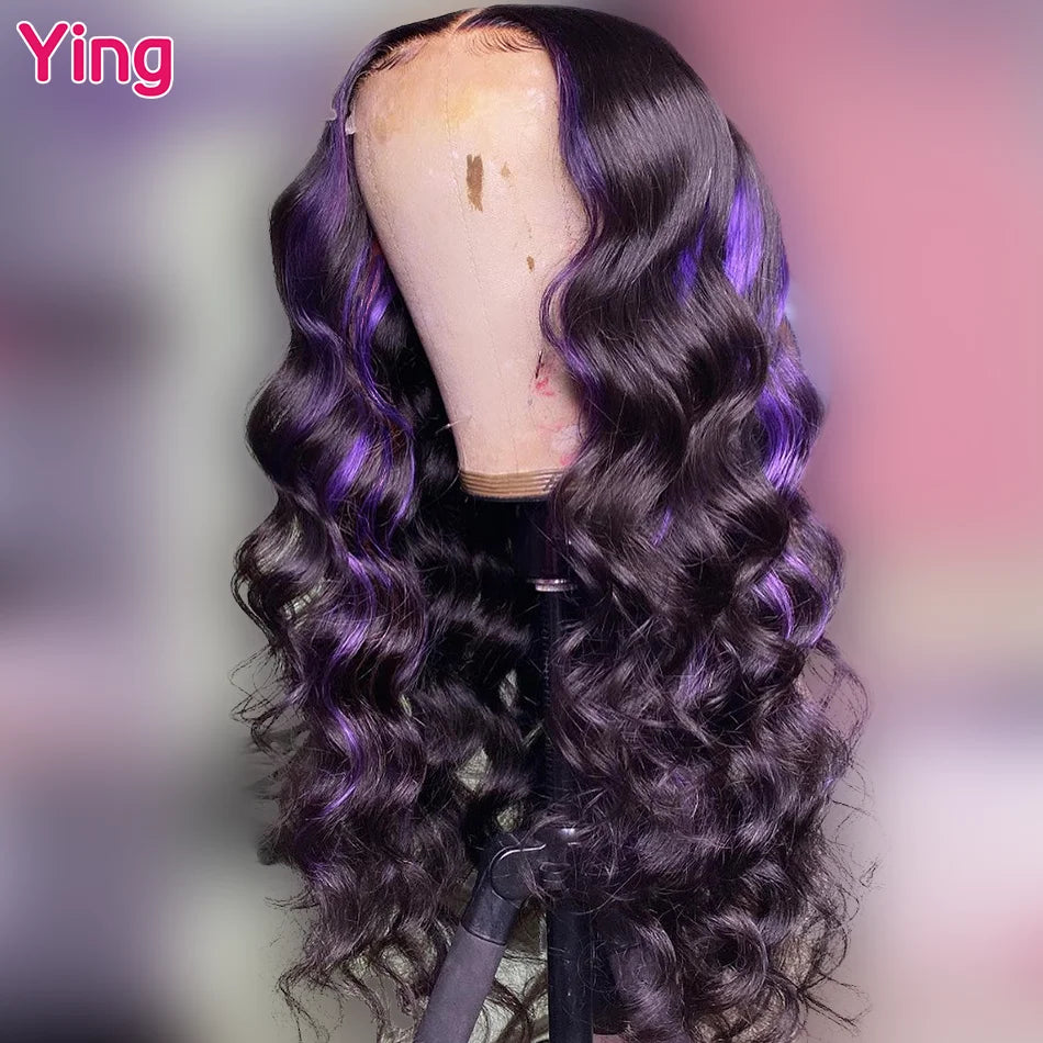 Ying Highlight Purple Colored 13X6 Body Wave Human Hair Lace Frontal Wigs 180% Brazilian Remy 13x4 Transparent Lace Front Wig