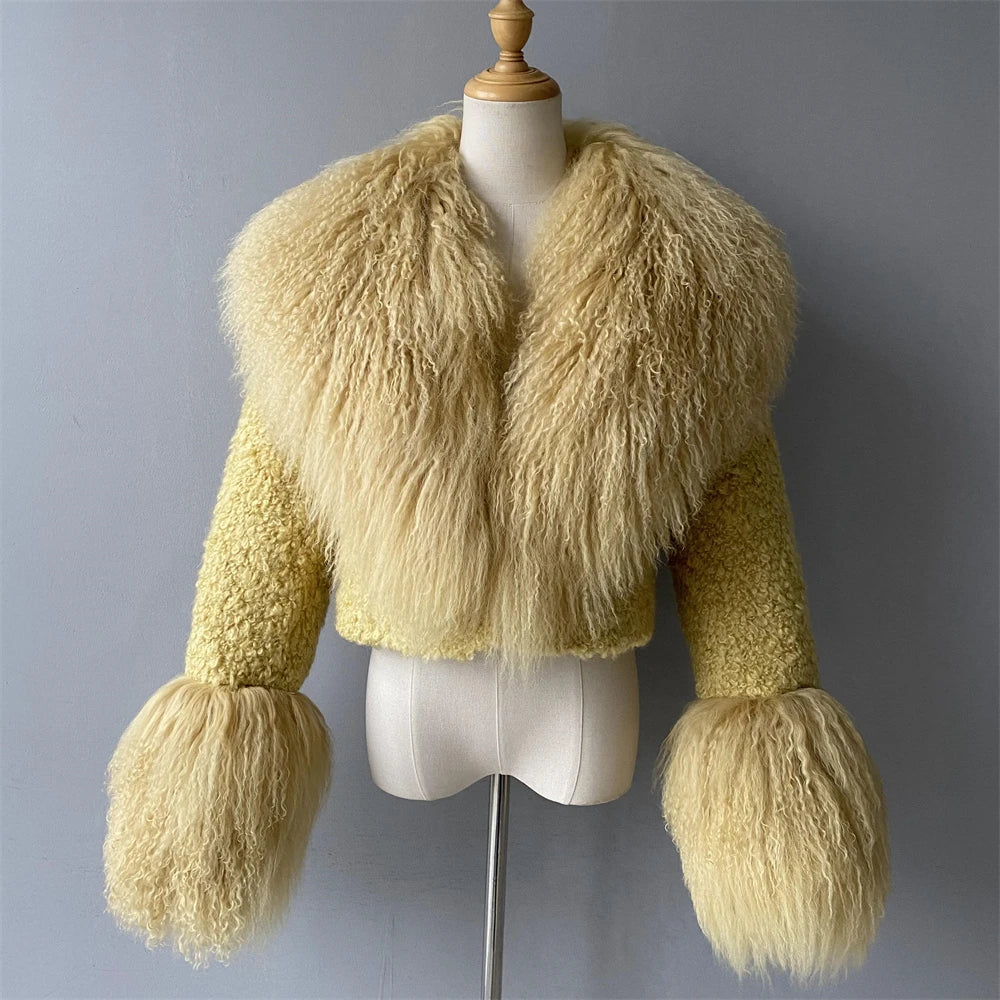 Jxwatcher Wool Coat for Women Real Mongolian Fur Collar Cuffs Winter Fashion Solid Color Tweed Cropped Jacket Fall New Arrival