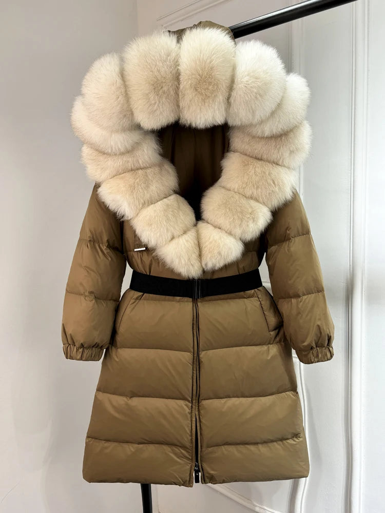 Long Winter Coat. Real Big Fox Fur Collar Belt Loose Puffer