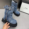 Denim Women Boots for Cowboy Mid-calf Boots Zipper Ladies Platform Boots Mid Heels Designer Shoes 2024 Motorcycle Boot Zapatos