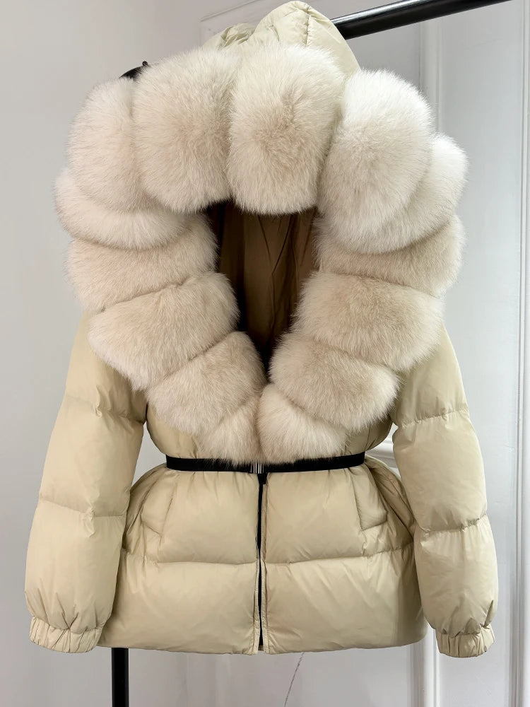 Real Fox Fur Puffer Hooded Coat. Thick Warm Waterptoof