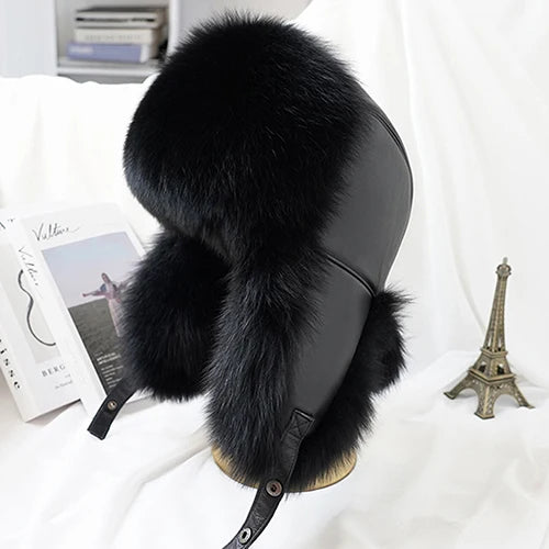 100% Real Silver Fox Fur Bomber Hat Raccoon Fur Real Leather