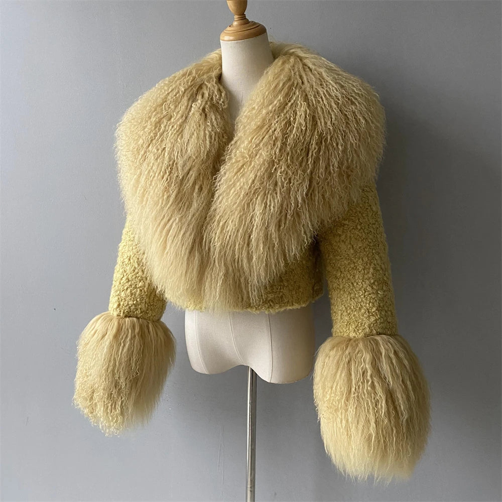Jxwatcher Wool Coat for Women Real Mongolian Fur Collar Cuffs Winter Fashion Solid Color Tweed Cropped Jacket Fall New Arrival