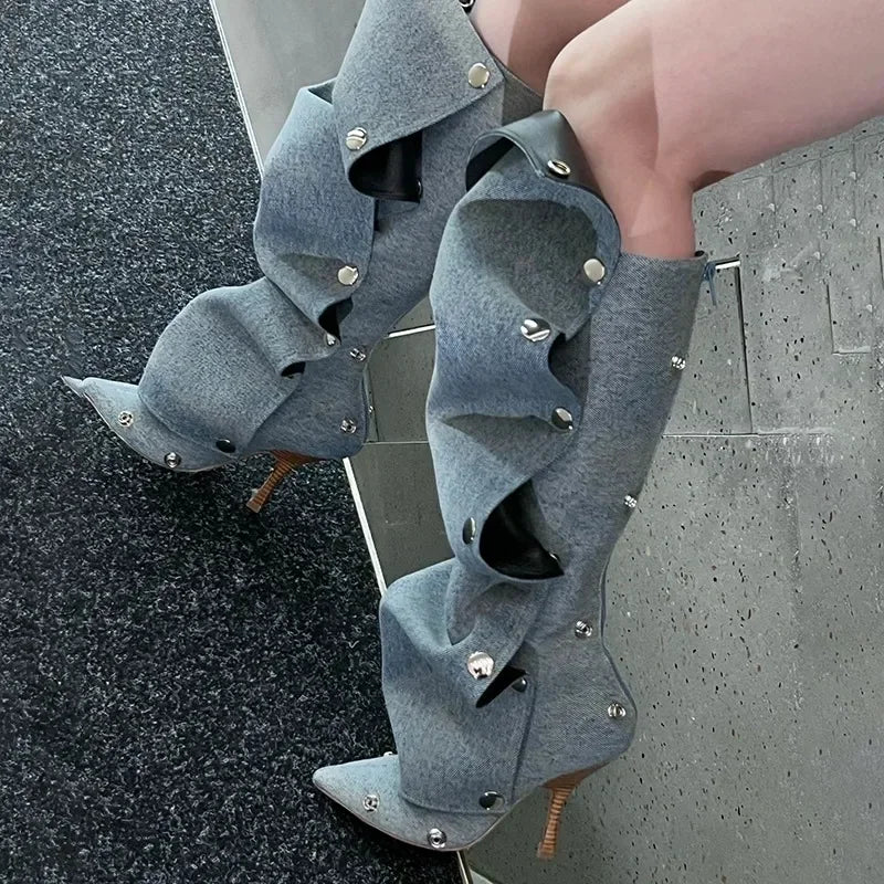 High Heel Long Boots for Women Botte Winter Boots Shoes Botas Mujer Thin Heeled Pointed Denim Metal Button Shoe Zapatos De Mujer