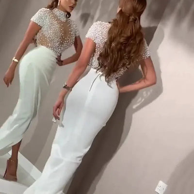 White Sheer Mesh  Pearl Elegant Lady's Evening Gown